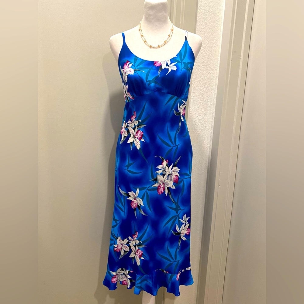 VTG 90s Two Palms Blue Hawaiian Floral Print Sleeveless Midi Maxi Slip Dress - S